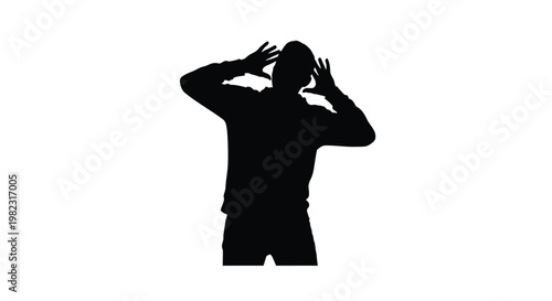 Black silhouette of a man expressing intense surprise or shock in this modern vector graphic illustration