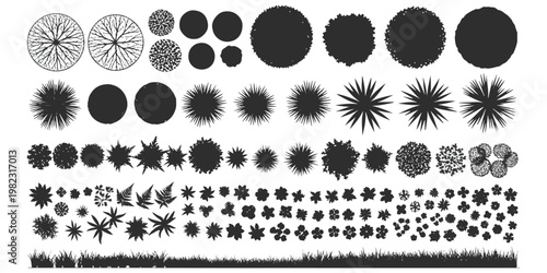 A comprehensive collection of black and white top view architectural tree and shrub symbols set.
