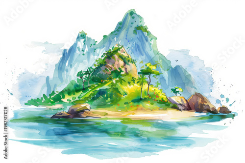 Watercolor painting of a tropical island with mountains, trees, and birds. Children's Book Illustration