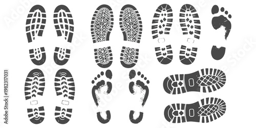 A collection of various shoe sole tread patterns and human barefoot prints on a white background