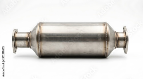 A shiny metal catalytic converter for automotive exhaust system on white background