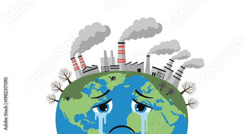Crying planet earth suffering from industrial pollution and global warming caused by factory emissions and deforestation.