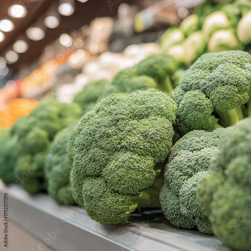 Broccoli on display in grocery store with various vegetables in the background in bright lighting