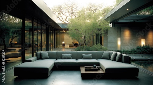 Contemporary outdoor seating area seamlessly connects modern architecture with natural landscaping
