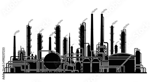 Industrial factory complex with smokestacks.