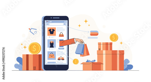Online shopping convenience concept with a hand emerging from a mobile device screen carrying colorful shopping bags.
