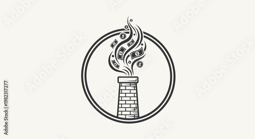 A black and white illustration of a burning chimney in a circle.