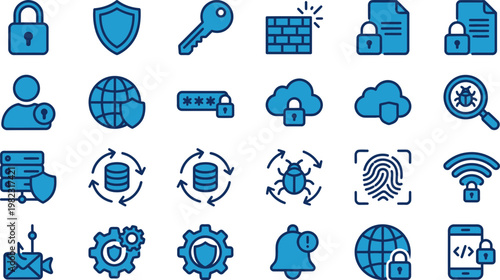 Comprehensive vector illustration of modern cybersecurity and data protection icons essential for digital safety and network security concepts