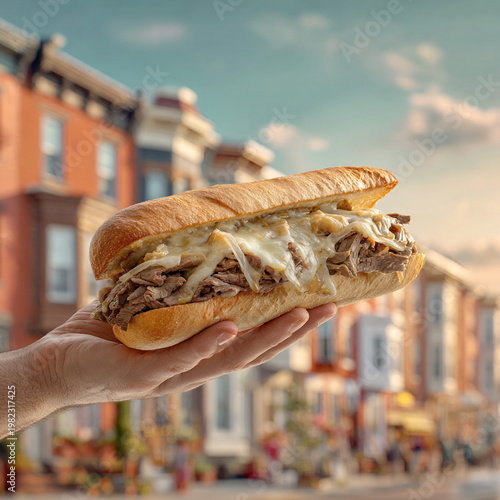 Hand holds a large sandwich with meat and melted cheese in a busy street setting during daytime in a city