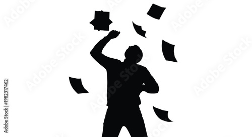 Vector silhouette of a person triumphantly throwing documents into the air in celebration.