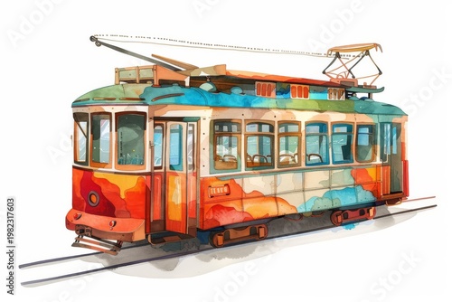 A colorful watercolor illustration of a vintage tram. Children's Book Illustration