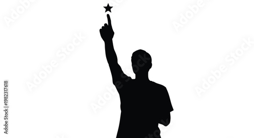 Minimalist vector illustration of a man's silhouette pointing to a star, representing dreams and accomplishment.