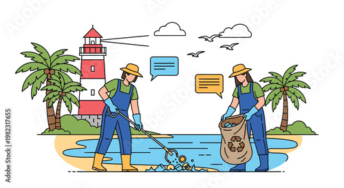 Environmental volunteers cleaning up plastic waste and litter from a coastal area to protect the ocean ecosystem.