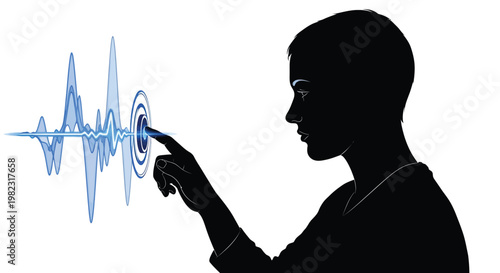Silhouette of a person interacting with a glowing blue digital waveform in a vector illustration