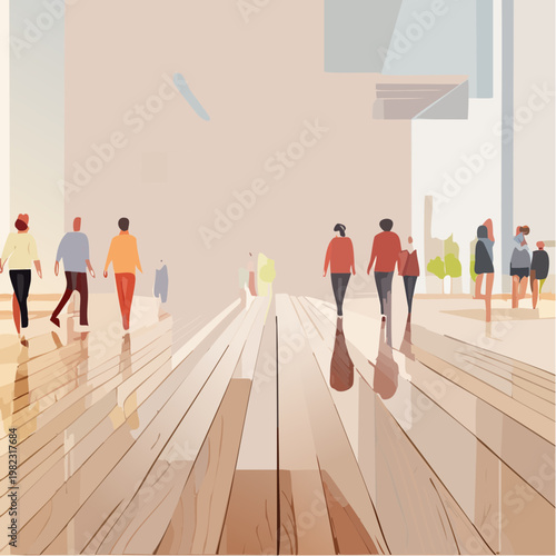 Modern Abstract Reflection of People on Wooden Floor Texture, Minimal Concept Design