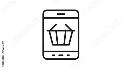 Minimalist black vector icon illustration of a smartphone with a shopping basket on the screen, representing mobile e-commerce, online retail, digital marketplace, and internet shopping.