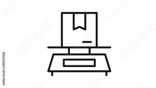 Minimalist black line vector icon of a cardboard box package on a weighing scale, symbol for shipping, logistics, delivery, and warehouse weight measurement, scalable illustration.