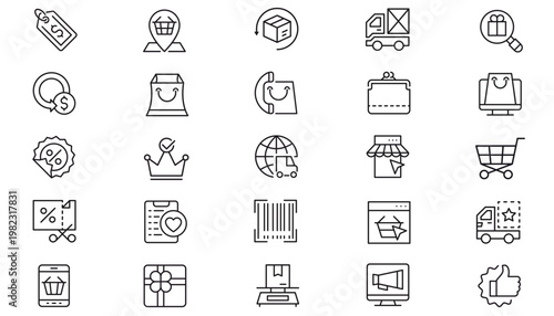 E-commerce and Logistics Vector Icon Set: 25 Minimalist Black Line Symbols for Online Shopping, Retail, Shipping, Delivery, Finance, Marketing, and Business. Includes Cart, Truck, Gift, and Coupon.