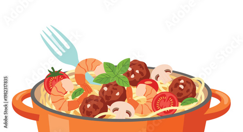 Delicious Italian pasta dish prepared with meatballs and succulent shrimp topped with fresh basil and cherry tomatoes.