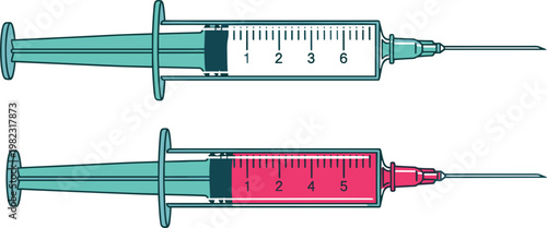 Medical syringes with measurement scale, injection equipment set, healthcare vaccination tools, realistic hospital instruments vector illustration isolated