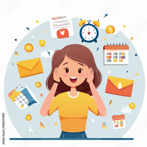 Overwhelmed Cute Character with Deadline Pressure, Clock Ticking and Calendar Notifications
