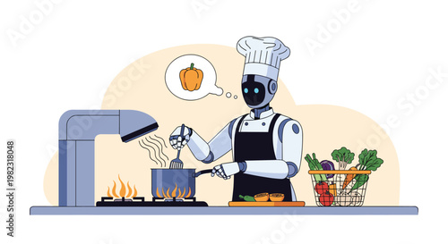 Professional robot chef efficiently cooking a gourmet meal in a modern automated kitchen using advanced technology.