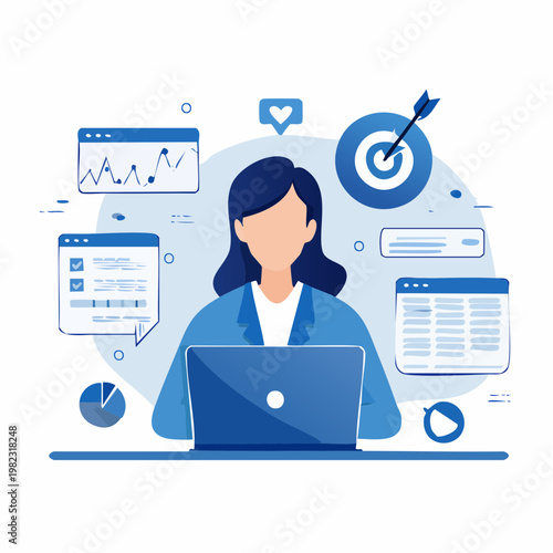 Business Data Overload Concept with Employee Surrounded by Charts, Graphs and Notifications