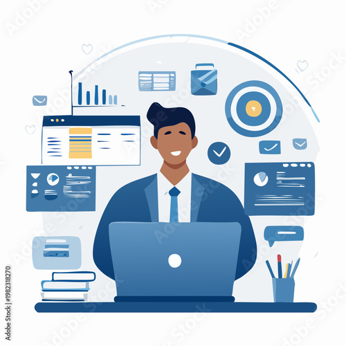 Corporate Employee Stress Illustration with Data Charts, Notifications and Deadline Pressure