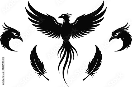 Black Phoenix Bird Illustration Icons Set Featuring Majestic Wings and Feathers for Websites, Apps, and Digital Media