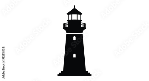 A striking black lighthouse stands tall against a white background silhouette