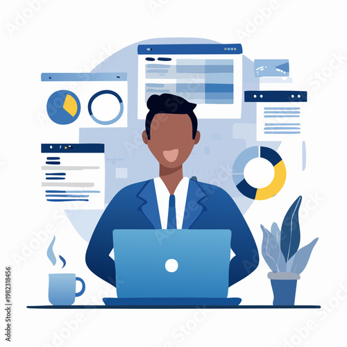 Modern Flat Illustration of Data Overload and Deadline Stress in Corporate Workplace
