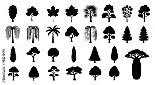 Collection of various tree silhouettes.