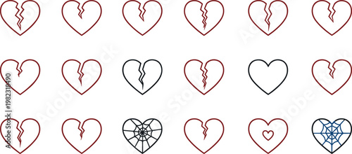 Broken and Abstract Heart Icons Set Featuring Cracked, Fractured, and Webbed Heart Designs for Websites, Apps, and Digital Media