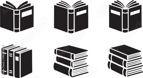 Book icon set. Vector pictograms of stacked books, open book, closed book, literature, text, author, study, education, reading, document, knowledge. Vector illustration isolated on transparent backgro