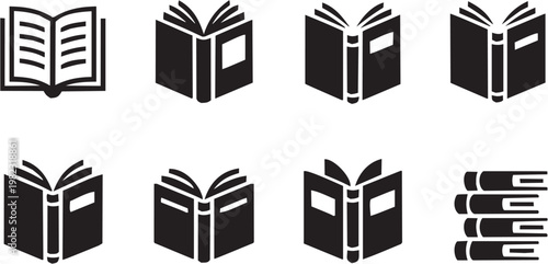 Book icon set. Vector pictograms of open book, closed book, literature, text, author, study, education, reading, document, knowledge, library. Vector illustration isolated on transparent background