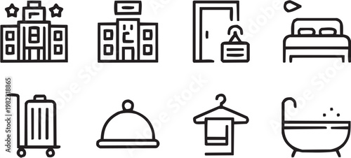 Hospitality building icon set. Vector pictograms of facade, door sign, bell, hanger, hotel, service, clothes, restaurant, catering, leisure, lifestyle. Vector illustration isolated on transparent back
