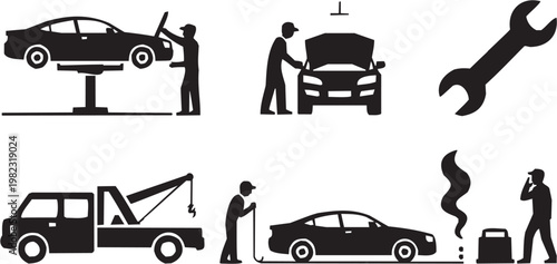 Automotive team repair icon set. Vector pictograms of two workers, car hood, mechanic, service, garage, maintenance, tools, vehicle, transport, labor, workshop. Vector illustration isolated on transpa