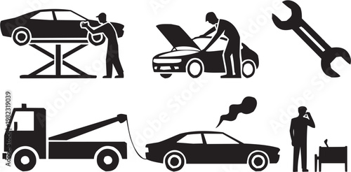 Automotive repair icon set. Vector pictograms of car hood, mechanic, inspection, service, garage, maintenance, tools, vehicle, transport, labor, workshop. Vector illustration isolated on transparent b