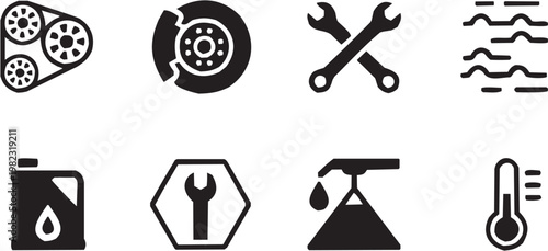 Auto repair icon set. Vector pictograms of wrench, car wheel, mechanic, service, garage, maintenance, tools, vehicle, transport, labor, workshop. Vector illustration isolated on transparent background