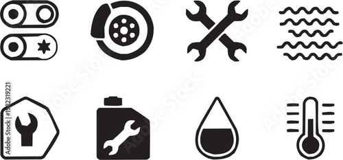 Car battery icon set. Vector pictograms of battery, droplet, vehicle, fluids, automotive, repair, garage, maintenance, tools, transport, labor, workshop. Vector illustration isolated on transparent ba