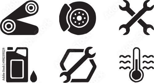 Automotive repair icon set. Vector pictograms of car wheel, wrench, mechanic, service, garage, maintenance, tools, vehicle, transport, labor, workshop. Vector illustration isolated on transparent back