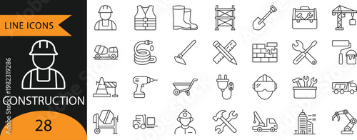Construction Tools, Heavy Equipment and Builder Line Icons
