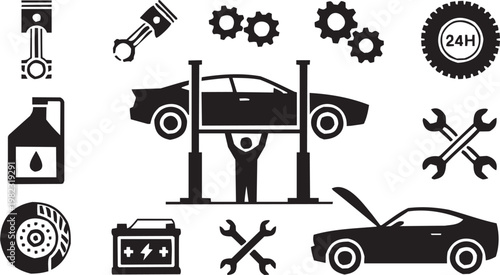 Automotive service icon set. Vector pictograms of car lift, gears, mechanic, repair, garage, maintenance, tools, vehicle, transport, labor, workshop. Vector illustration isolated on transparent backgr