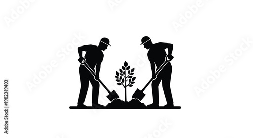 Two men planting a young tree with shovels black silhouette