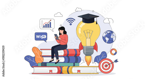 Online education and knowledge sharing illustration showing a woman sitting on books with a smartphone and a bulb rocket.