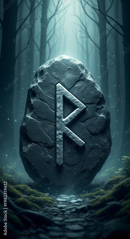 Fototapeta premium Sacred Raido Runestone Glowing in a Mysterious, Moonlit Nordic Forest
