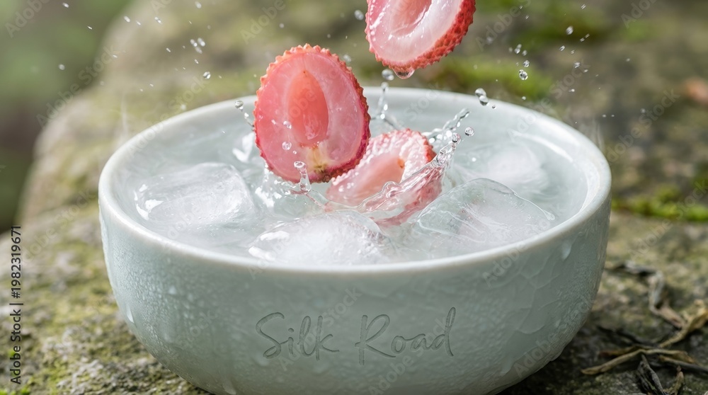 Fototapeta premium Macro shot of vivid Lychee slices dramatically splashing into water with large ice cubes, oriental zen aesthetic, soft porcelain