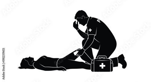 Paramedic assisting injured woman a striking black silhouette