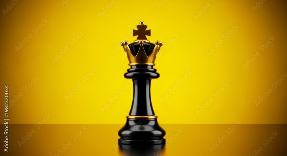 Fototapeta premium Regal Solitude: A Black Chess King with a Golden Crown on a Luminous Yellow Stage