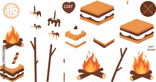 Cozy Dessert S'mores Vector Set with Roasting Marshmallows, Fire, and Campfire Treats for Outdoor and Winter Delights